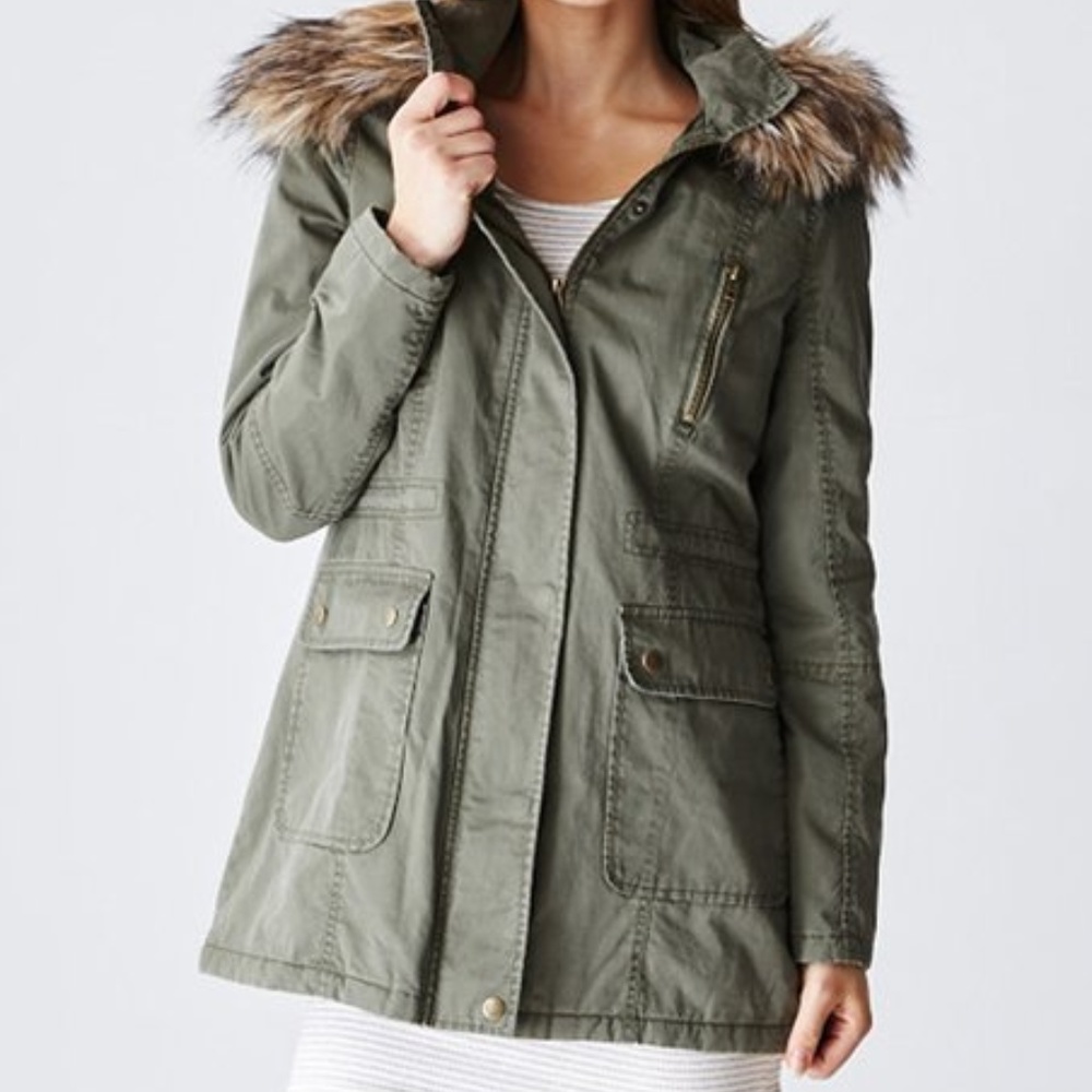 Glamsia Olive Faux Fur-Hood Inner Drawstring Jacke